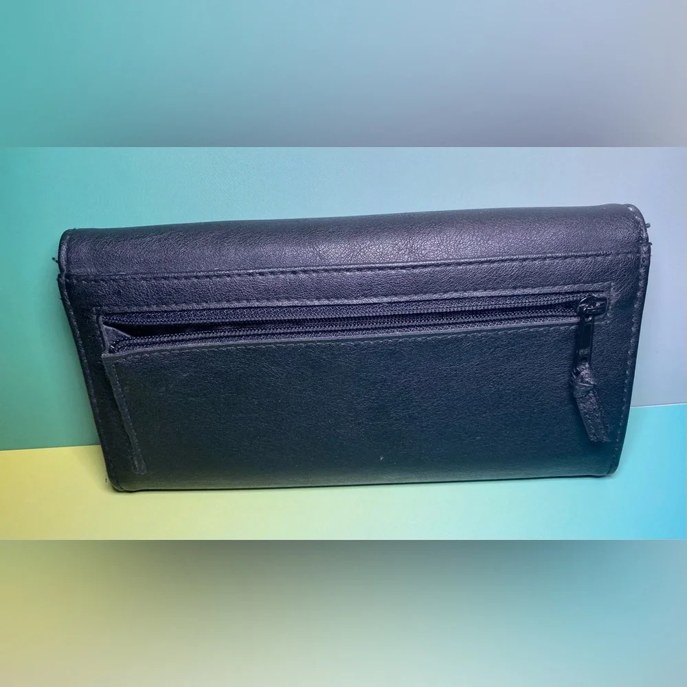 Liz Claiborne LC Black Leather Coin/Card Trifold‎ Wallet Snap Closure Check Book
